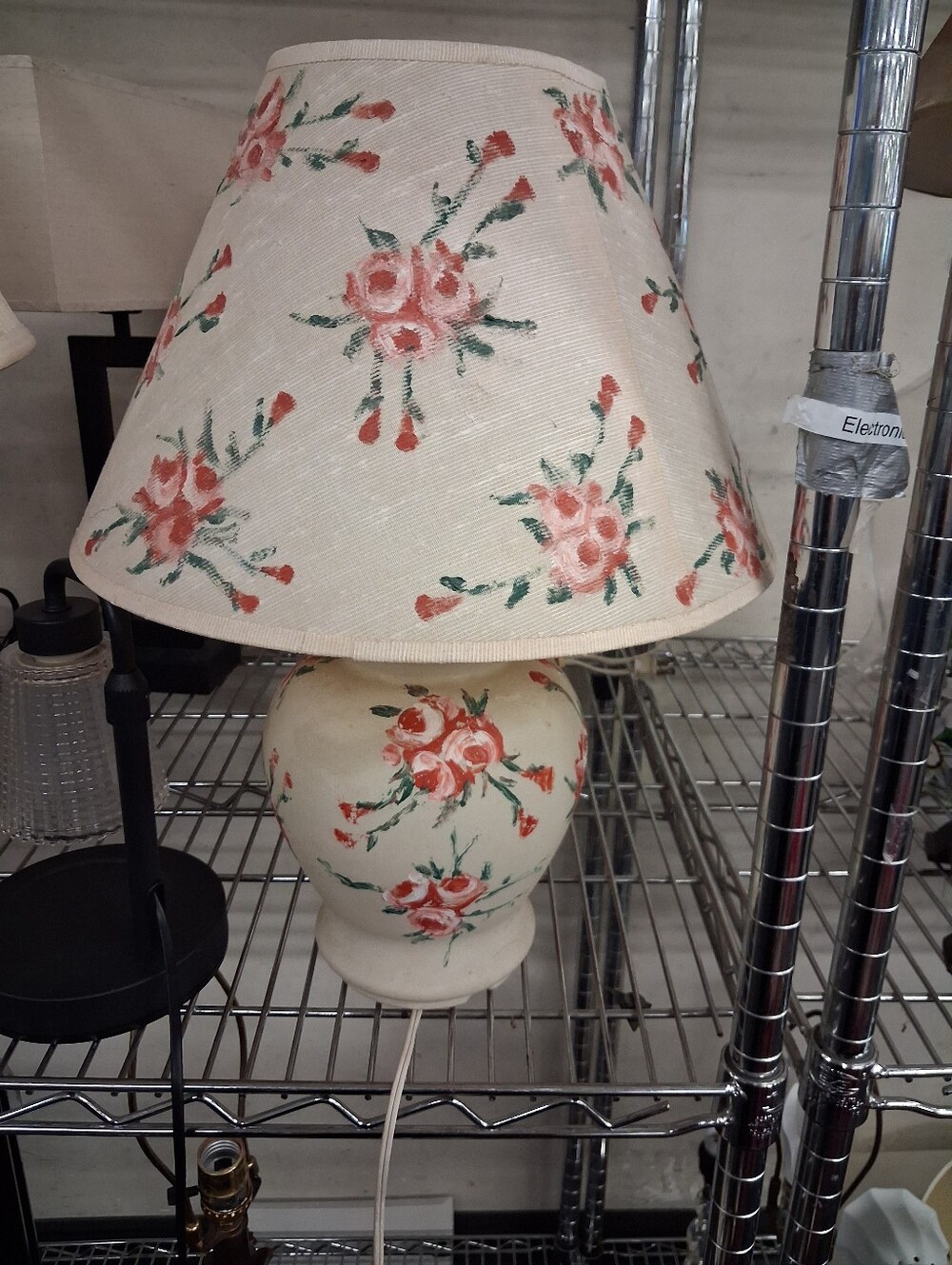 Floral Ceramic Table Lamp with Pink Rose Pattern - Cream